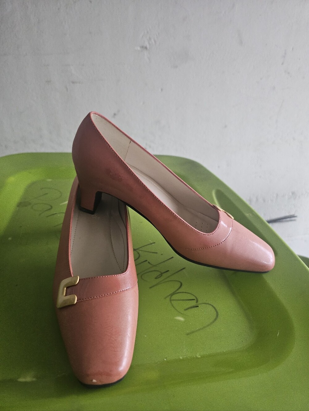 Classic Coral Pink Low Heel Pumps with Gold Accent